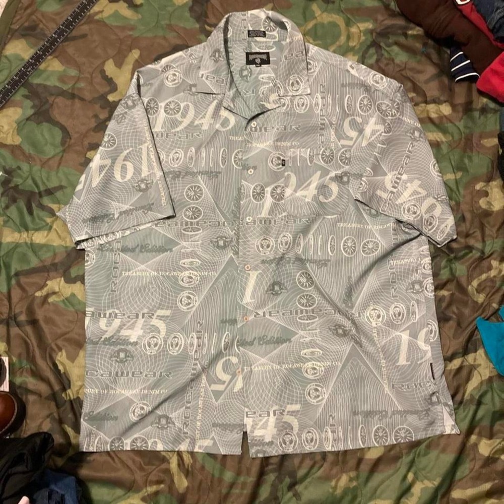 Vintage 90s Rocawear AOP baggy button up shirt money Mens XXL/28